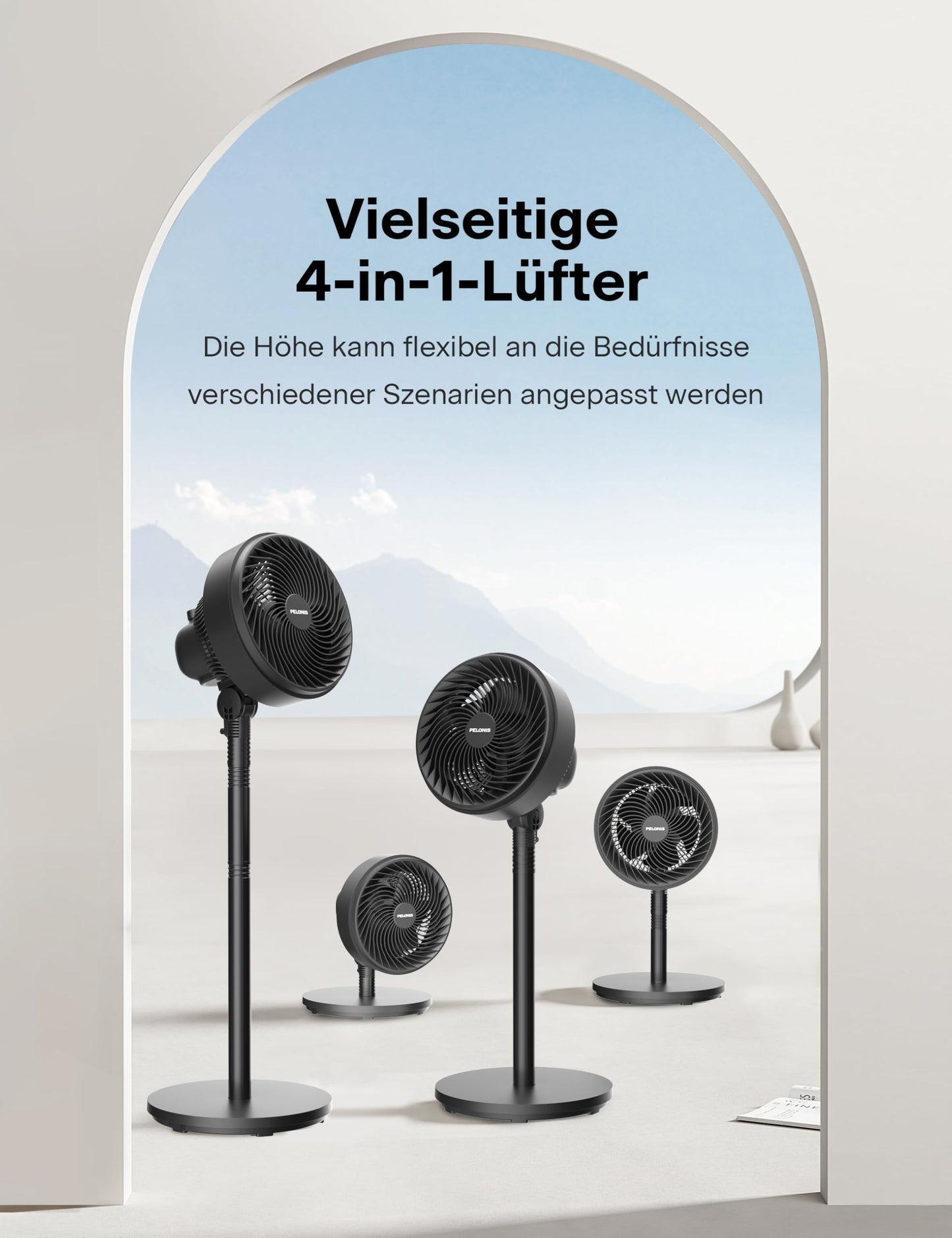Pelonis 4-way height-adjustable column fan, ultra quiet oscillating fan with 90° swivel range and 3 speeds for bedroom, office, home, black - PE-FG18-22LAPH-DE