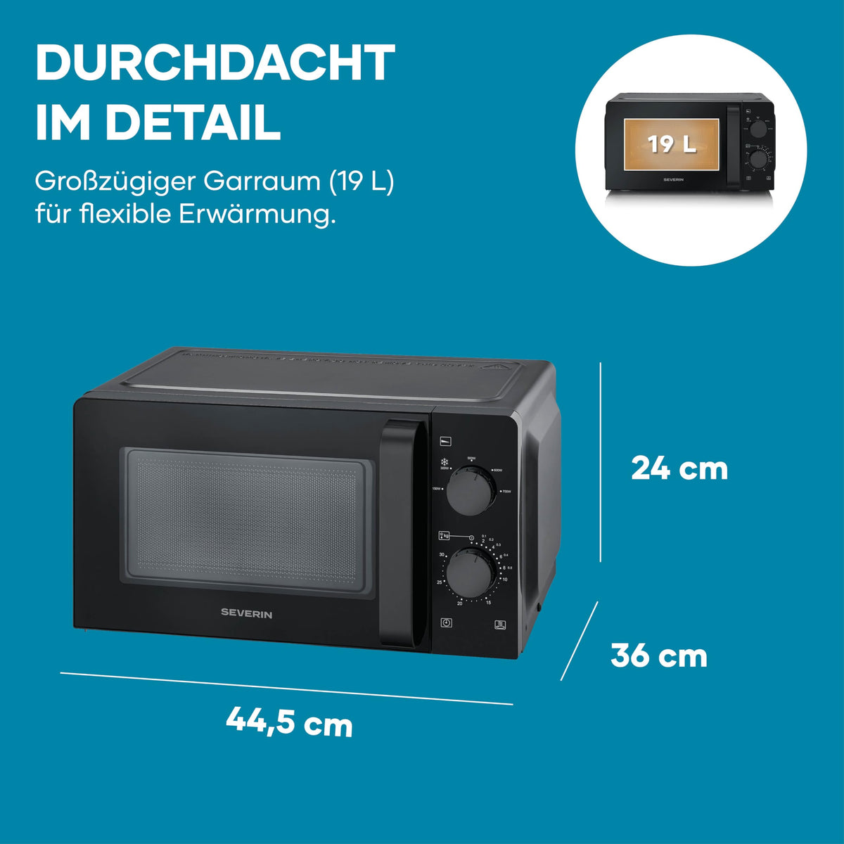 SEVERIN Solo Microwave, Inverter, Defrosting and Heating, 6 Power Levels with Defrost Function, Microwave Oven with Turntable for Even Heat Distribution, 19L, 700W, Black, MW 7580