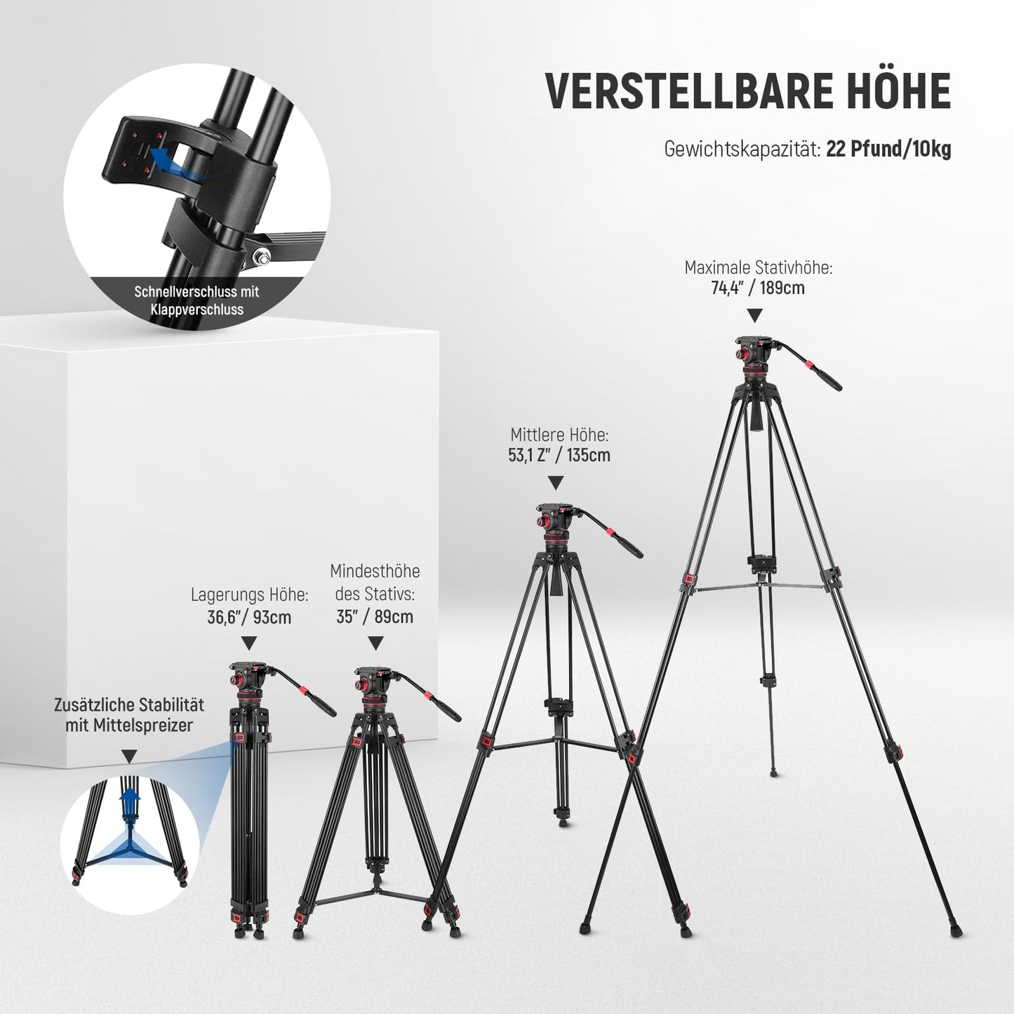 NEEWER 189cm video tripod video tripod with damping fluid head, metal heavy duty dual mode QR plate, photo tripod camera tripod compatible with DJI RS gimbals, TP75