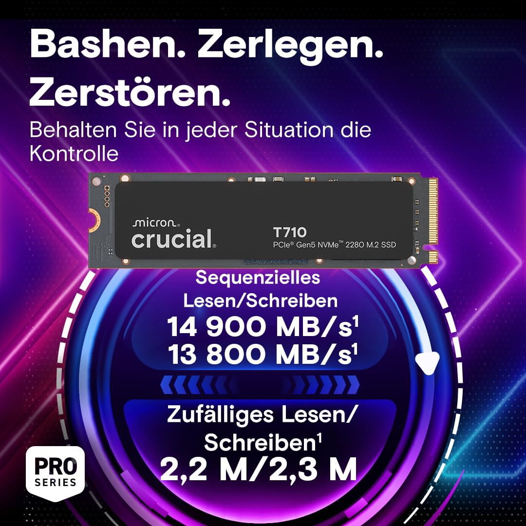 Crucial T710 SSD 1TB M.2 NVMe PCIe 5.0 x4 Gen5, cu viteze de până la 14.900 MB/s la citire și 13.700 MB/s la scriere, ideal pentru laptopuri și PC-uri desktop, TLC NAND, hard disk intern - CT1000T710SSD8-01