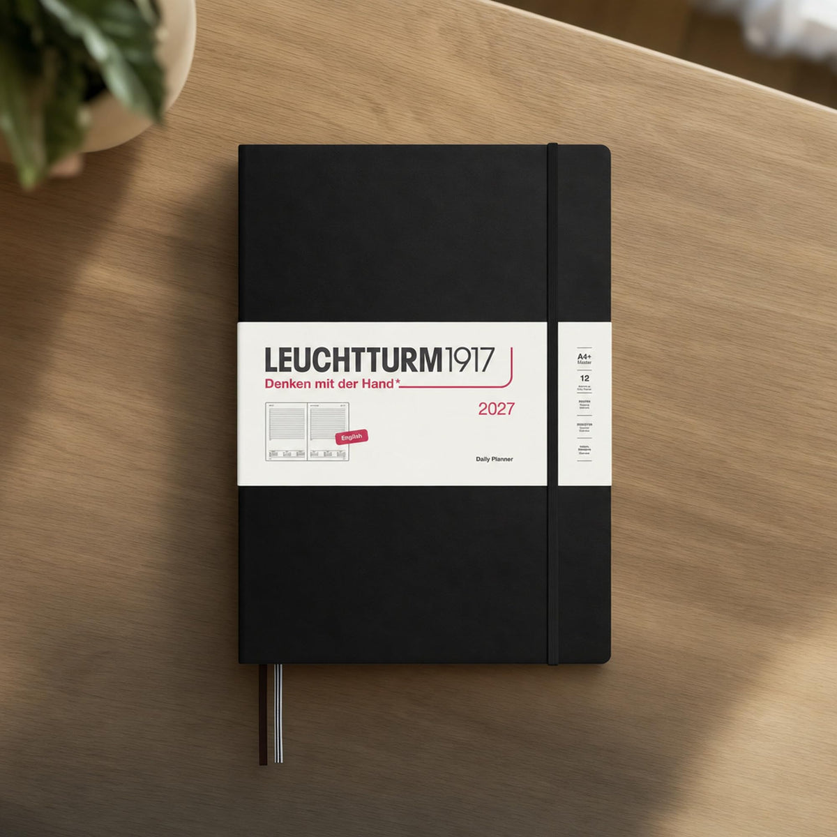 LEUCHTTURM1917 Daily Calendar 2027 A4+ (Master) - English, Black, 225 x 315 mm, January-December (12 months), 1 page per day, hourly grid 7:00-22:00, hardcover, 100 g/m² paper - 400323
