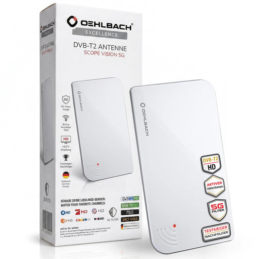 Oehlbach Scope Vision 5G DVB-T2 HD antenna - digital indoor antenna - active DVB-T amplifier - successor to our test winner - with 5G filter - white - 17235