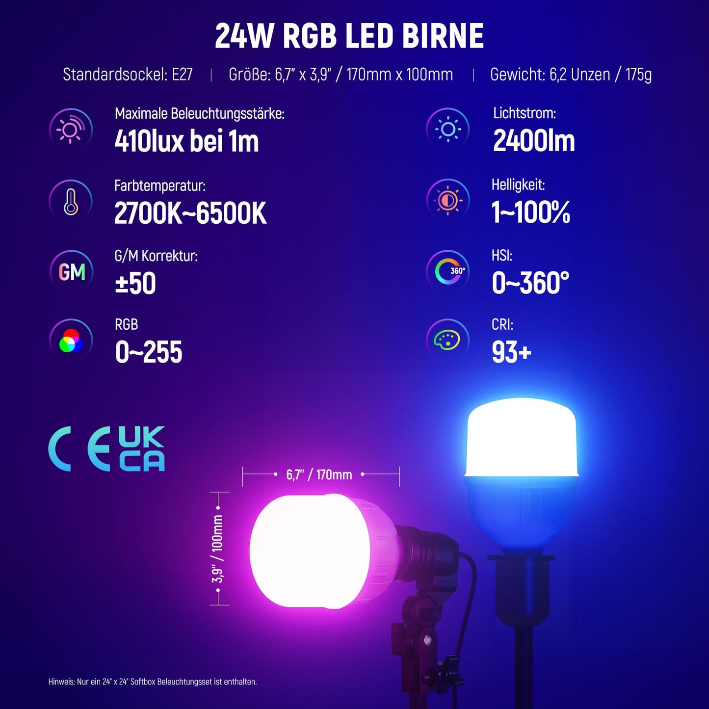 NEEWER RGB softbox lighting set with app control and 9 effect modes, 24W LED light bulb CRI93+ TLCI98+, E27 porcelain socket, 24" photo studio soft box, for studio photography video lighting, NK800 - 10104264