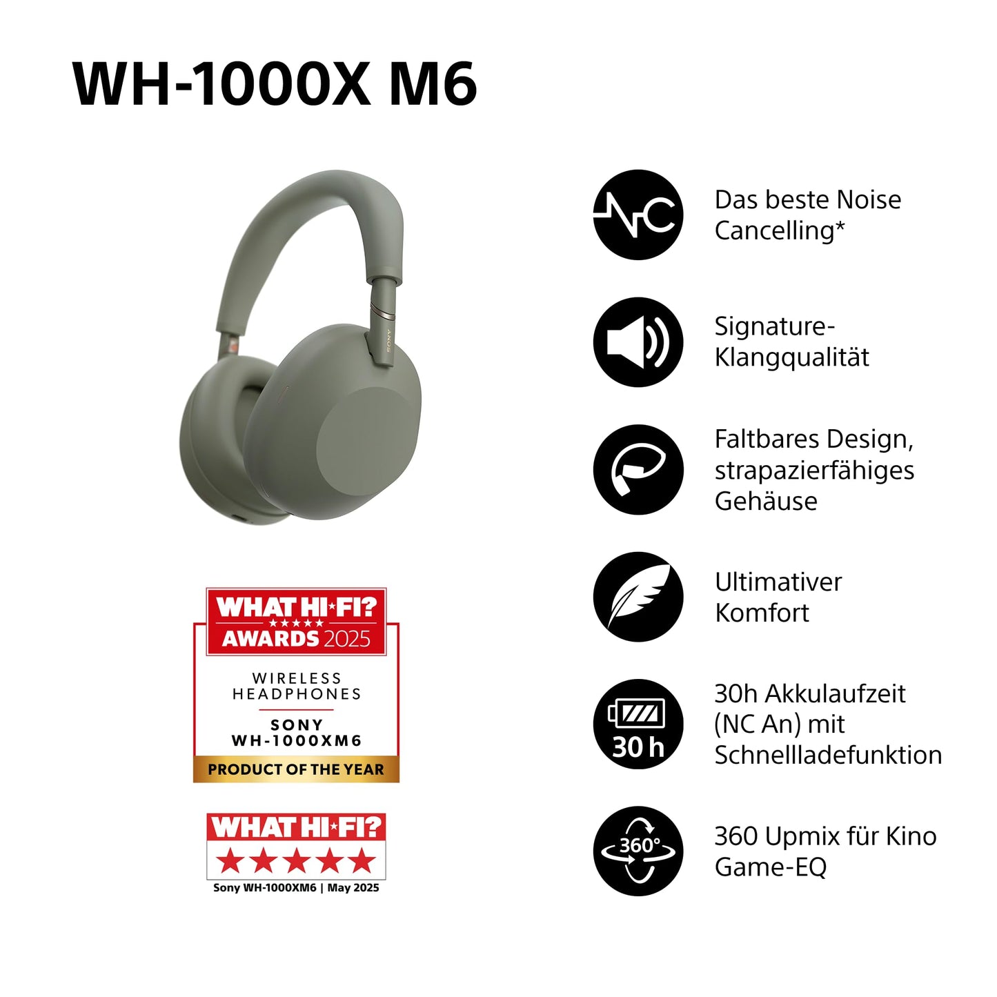 Sony WH-1000XM6 Wireless Noise Canceling Headphones, Signature Hi-Res Sound, Bluetooth Headphones, Comfort, Foldable Design, Magnetic Carrying Case, 30 Hour Battery NC On, iOS & Android - Olive Gray - WH1000XM6G.CE7