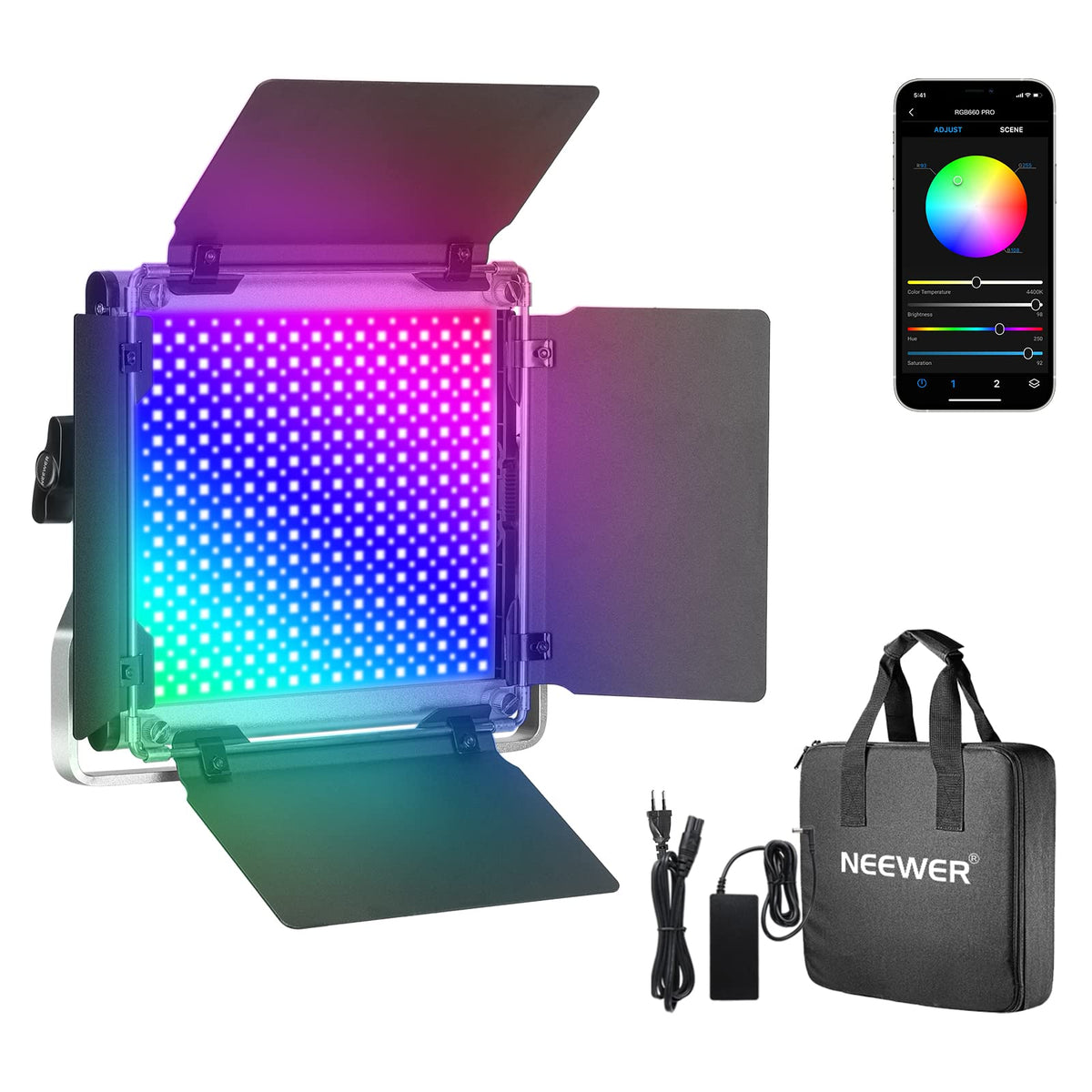 NEEWER 660 PRO 50W RGB LED Videoleuchte Panel cu control APP 360° lumină video cu culoare completă CRI 97 cu barndoor/ suport U pentru fotografie cu lumină continuă în studio - 10105695