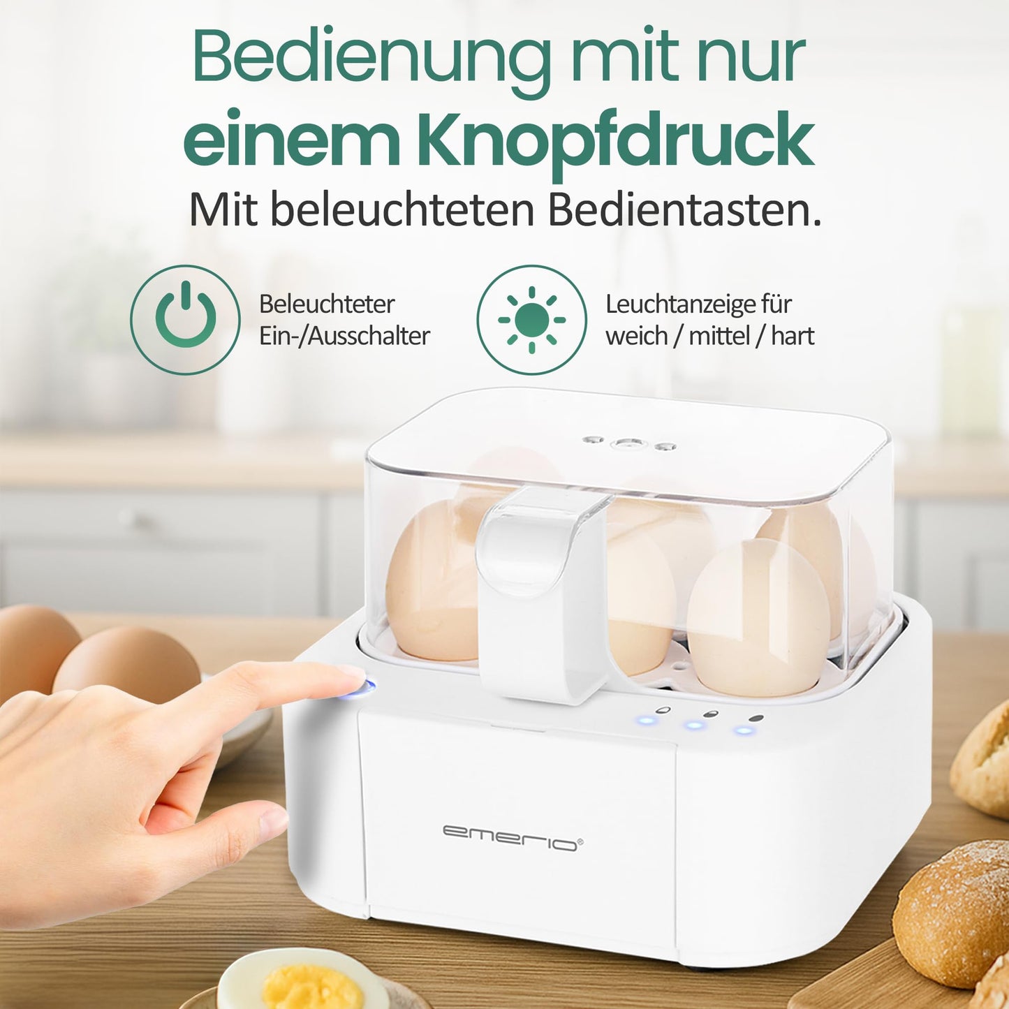 Emerio best egg cooker EB-115560 cooks all three cooking levels [soft|medium|hard] in just one cooking process with perfect results and voice output, unique in technology and design, model 2022 - EB-115560.12