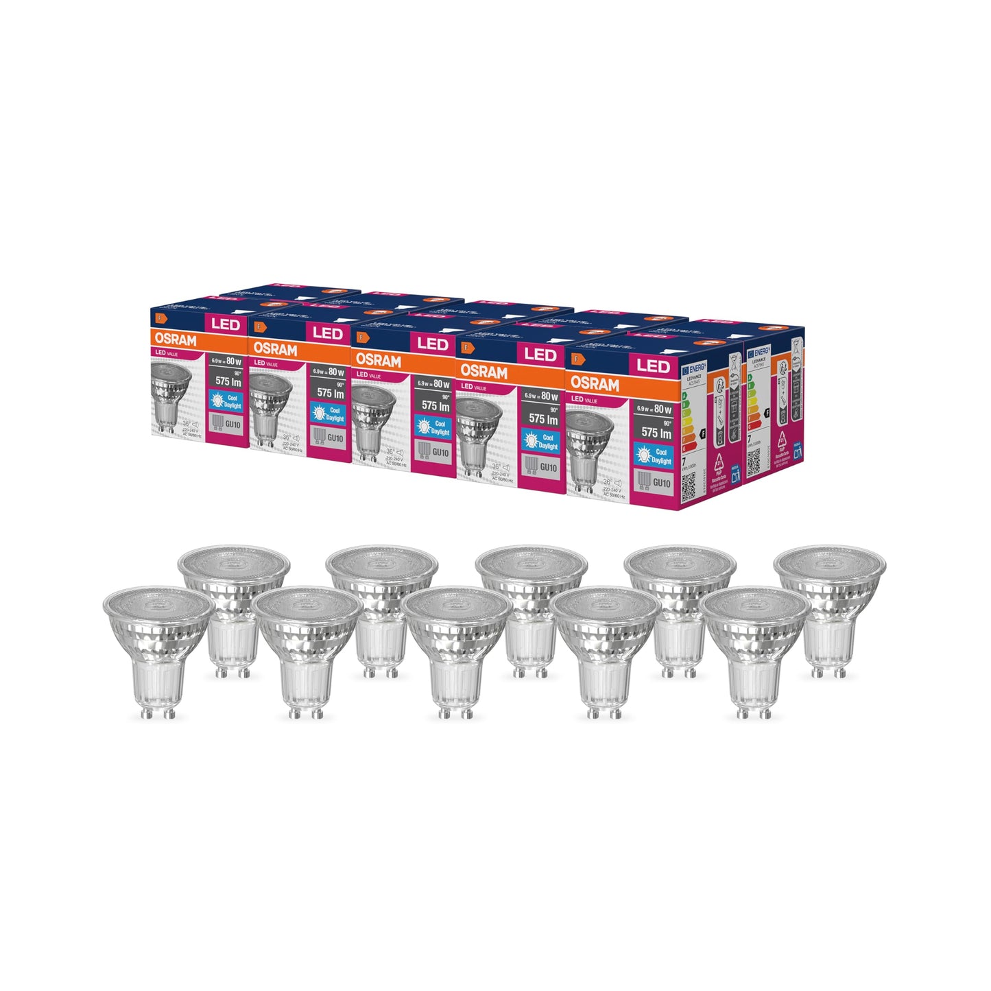 Osram LED Star Value PAR16 LED lamp for GU10 base, reflector lamp, GL, 575 lumens, daylight white (6500K), replacement for conventional 80W light bulbs, not dimmable, pack of 10 - 4058075096691