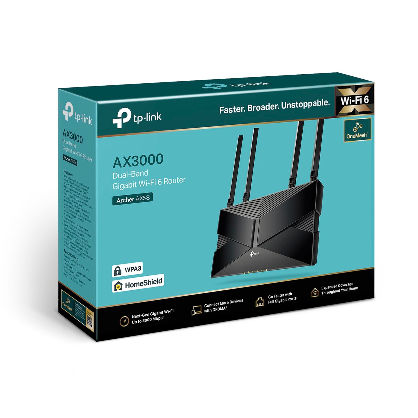 TP-Link Archer AX58 Wi-Fi 6 WLAN router, dual band AX3000, 5 gigabit ports, WPA3, parental controls, guest network, no DSL function
