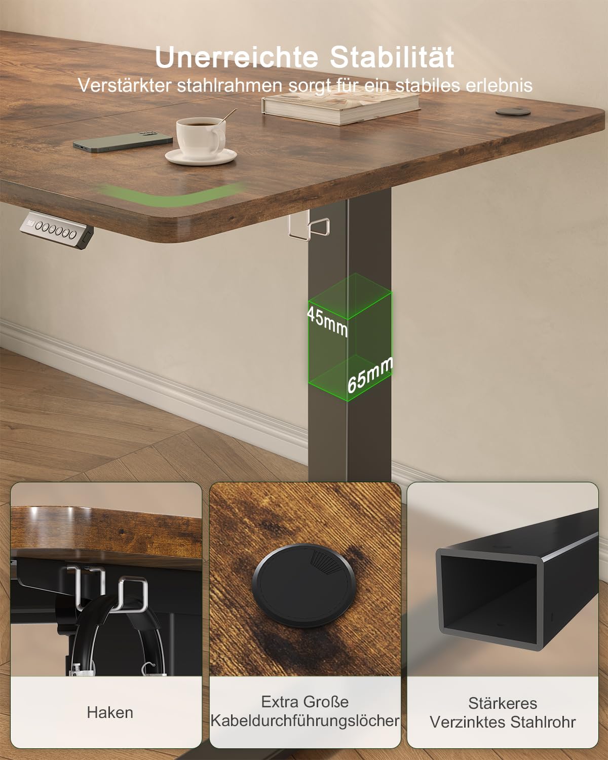 JUMMICO Birou reglabil pe înălțime cu port de încărcare USB, birou electric reglabil pe înălțime 160 x 70 cm, masă pentru stat în picioare, birou pentru stat în picioare, masă de calculator reglabilă, birou pentru stat în picioare, maro - 0403