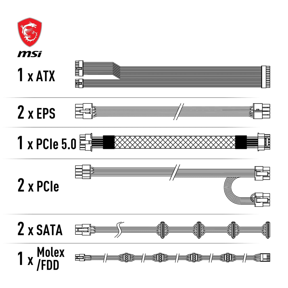 MSI MAG A850GL PCIE5 White Sursă de alimentare, 850W, 80 Plus Gold, complet modulară, ATX 3.0, suport pentru GPU PCIe 5.0, ventilator de 120mm FDB, Full-Bridge LLC, cabluri plate negre. - 306-7ZP8A24-CE0