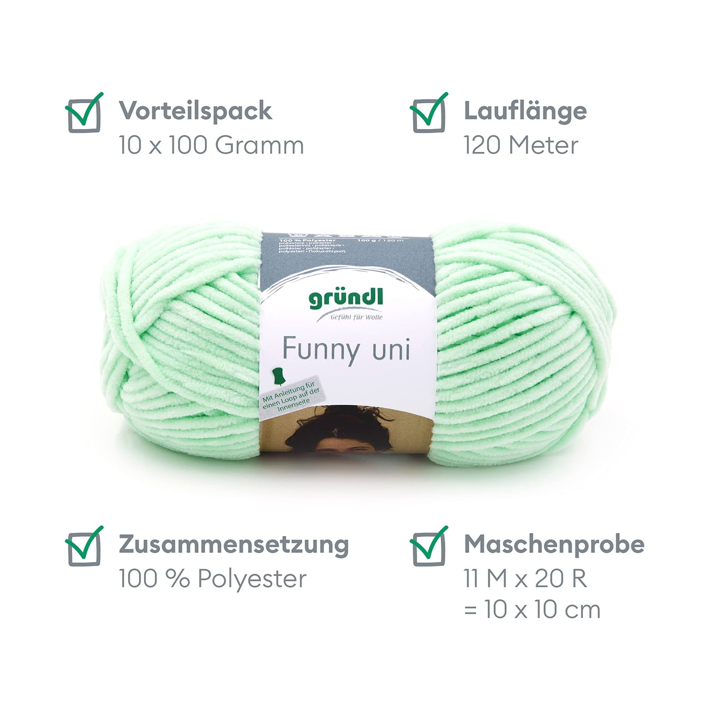Gründl Wolle Funny uni - soft chenille wool for crocheting - cuddly and skin-friendly - 100% polyester - 10 balls 100 g / 120 m - needle size 5-6, pastel green - 3442-04