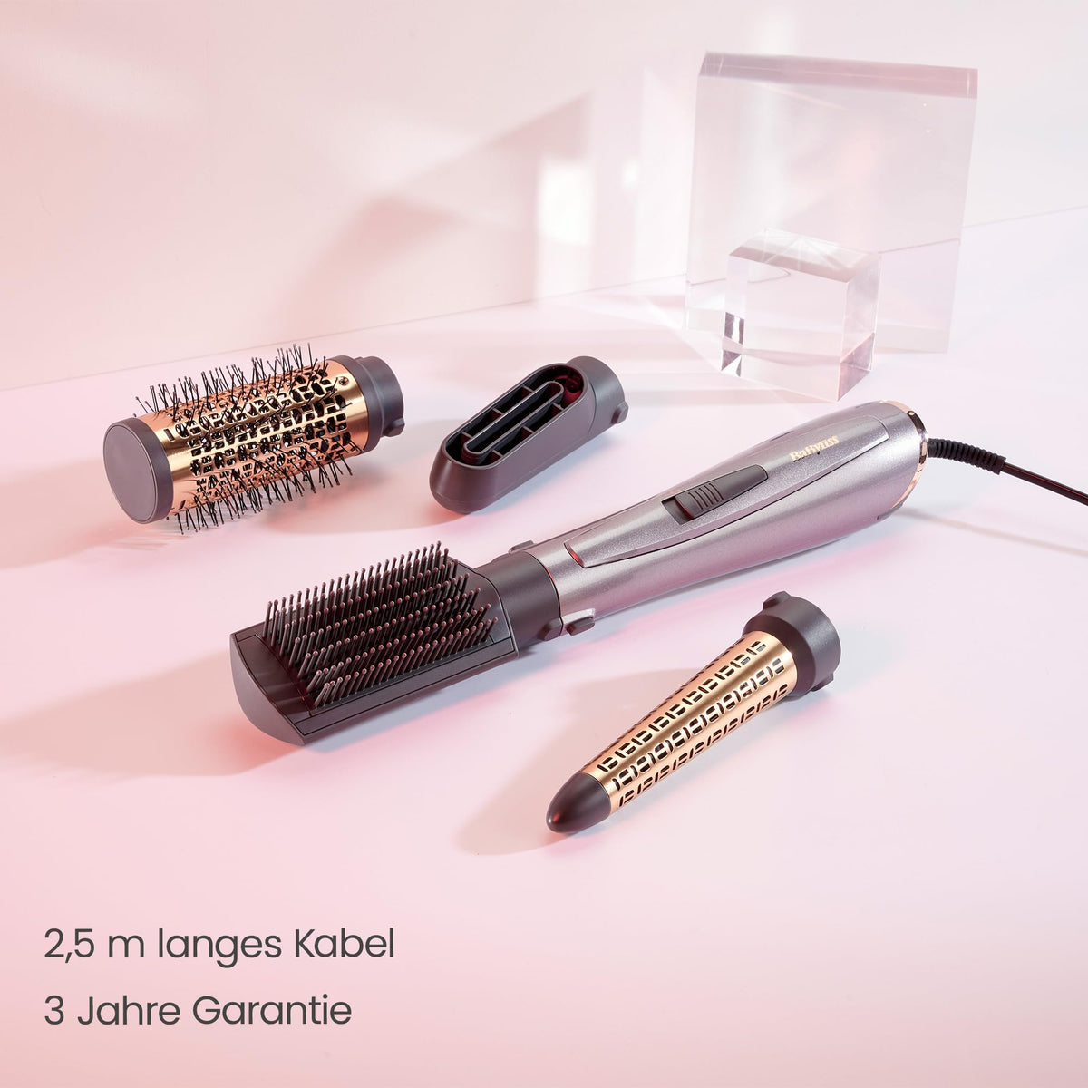 BaByliss Air Style 1000 – All-in-One Hot Air Brush, Volumizer, Straightening Brush, and Curling Iron, Ion Technology for Anti-Frizz, 4 Attachments, Copper/Grey, AS136E