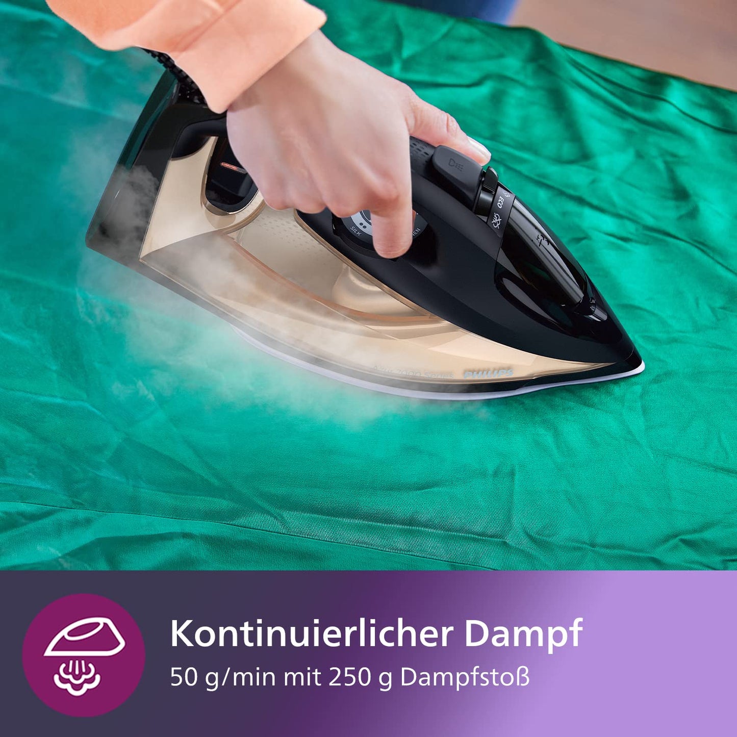 Philips 7000 Series steam iron, constant steam output of 50 g/min, steam boost of 250 g, SteamGlide Elite soleplate, automatic safety switch-off (DST7040/80)