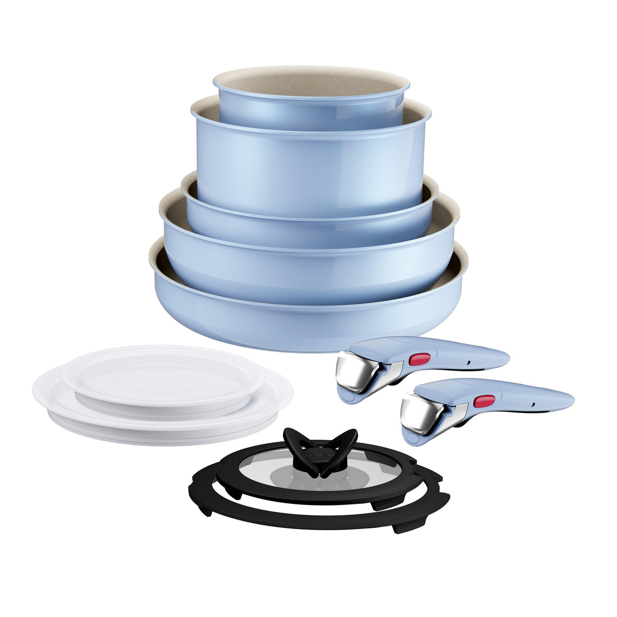 Set de vase Tefal Ingenio Serenity 11 piese – set stivuitor și economisitor de spațiu din aluminiu, cu înveliș antiaderent Mineralia, mânere detașabile, compatibil cu toate tipurile de plite, inclusiv inducție, Calm Blue - L827SB04