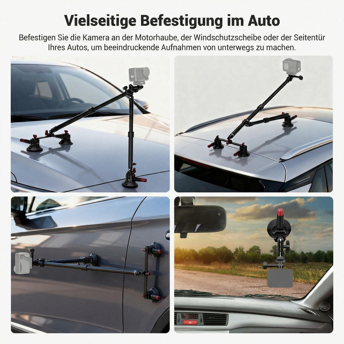 NEEWER Triple Suction Cup Mount Car Set, Two 24" Extension Rods Made of Aluminum Alloy, NATO Rail, Action Camera Adapter Compatible with GoPro DJI Insta 360, Max Load 2.2 lb, CA166