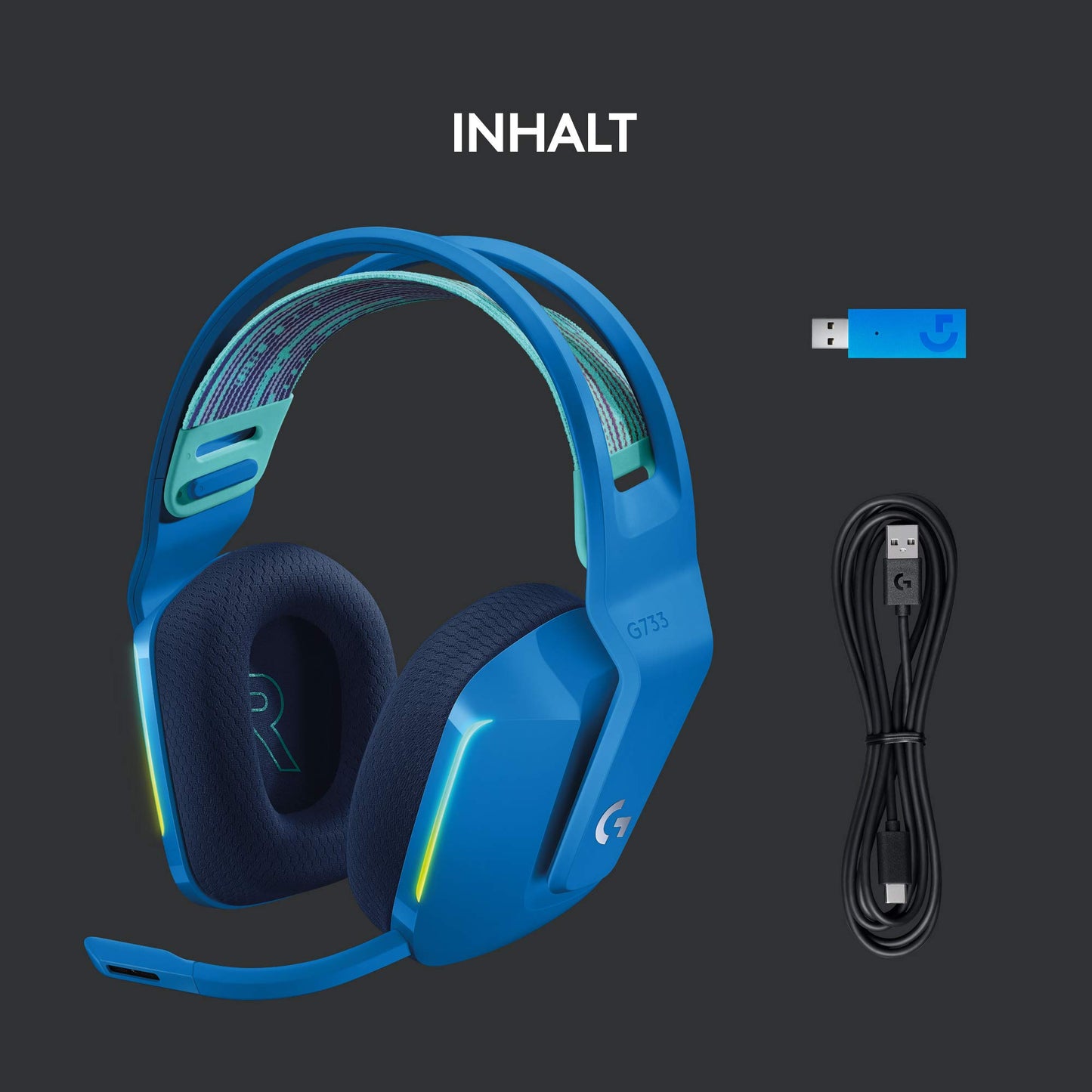 Logitech G733 LIGHTSPEED wireless gaming headset with headband, LIGHTSYNC RGB, Blue VO!CE microphone technology, PRO G speakers, ultralight, 29-hour battery life, 20m range - Blue - 981-000943