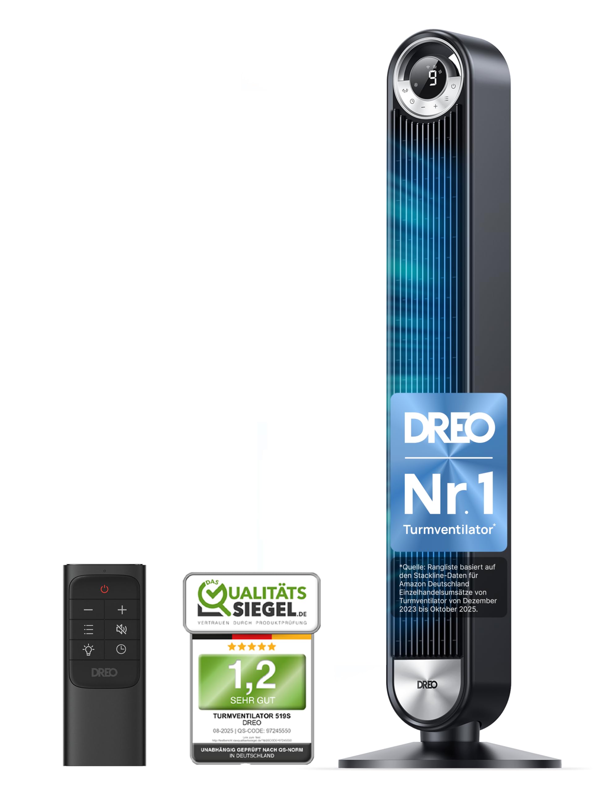 DREO Tower Fan for Bedroom, DC Stand Fan with 9 Speeds, 25 dB Ultra Quiet, 90° Oscillation, up to 8.5 m/s Airflow, 12 Hour Timer, Rotorless Fan for Home & Office - DR-HTF009