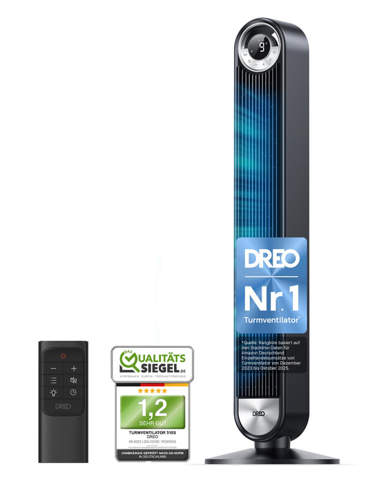 DREO Tower Fan for Bedroom, DC Stand Fan with 9 Speeds, 25 dB Ultra Quiet, 90° Oscillation, up to 8.5 m/s Airflow, 12 Hour Timer, Rotorless Fan for Home & Office - DR-HTF009