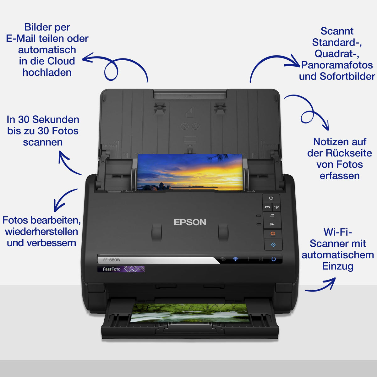 Epson FastFoto FF-680W Scanner (scans 10 x 15 photos in one second, up to DIN A4, double-sided scanning, automatic alignment, cropping and optimization, easily save images) - B11B237401