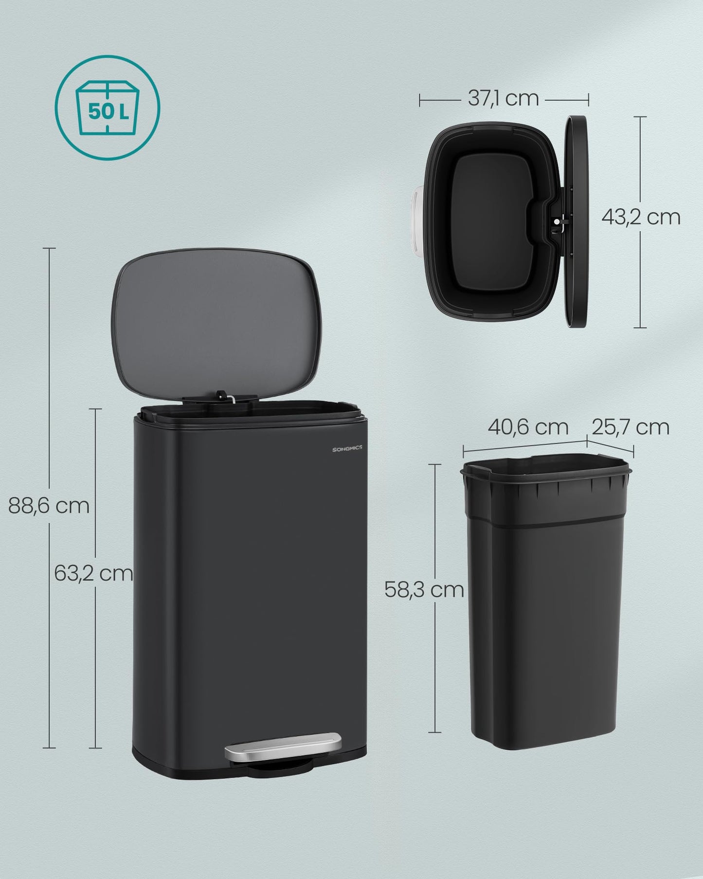 SONGMICS kitchen rubbish bin, 50 liters, waste bin, pedal bin, with lid, soft close, foot pedal, steel, inner bin, black LTB050B02