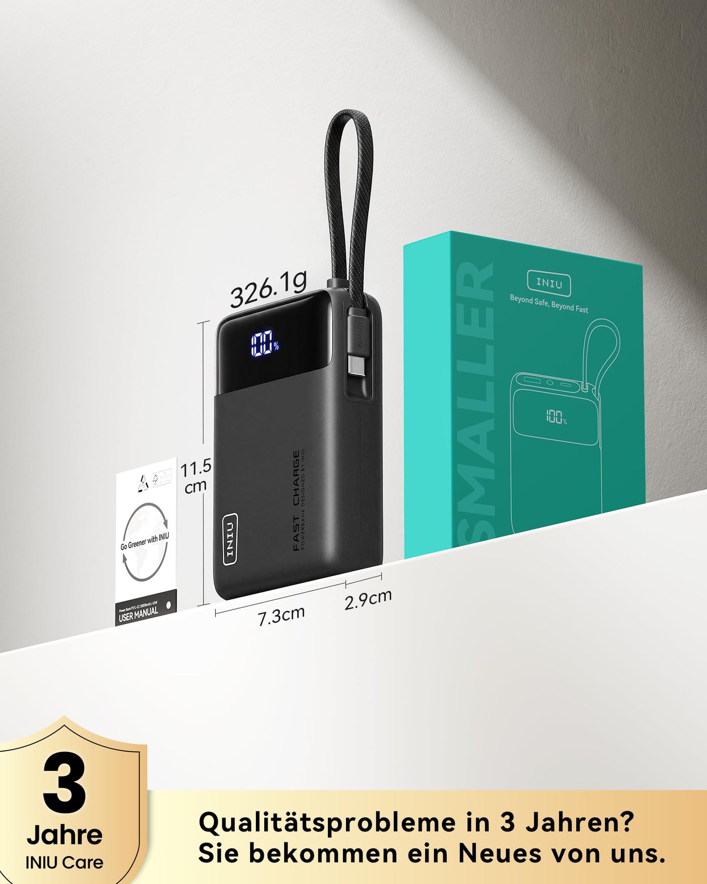 INIU 45W power bank, ultra small 20000mAh with integrated USB-C cable - P51L