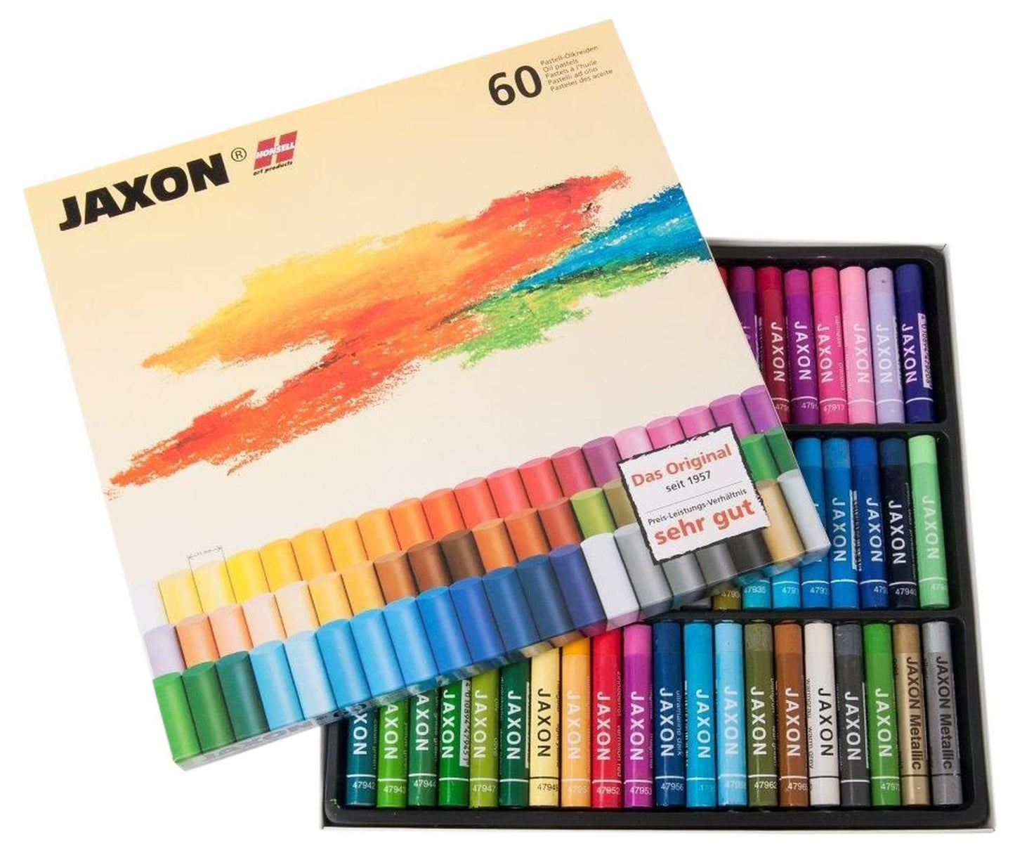 Honsell 47460 - Jaxon oil pastels, set of 60 in a cardboard case, brilliant, lightfast colors, ideal for artists, hobby painters, children, school, art lessons, free from harmful substances