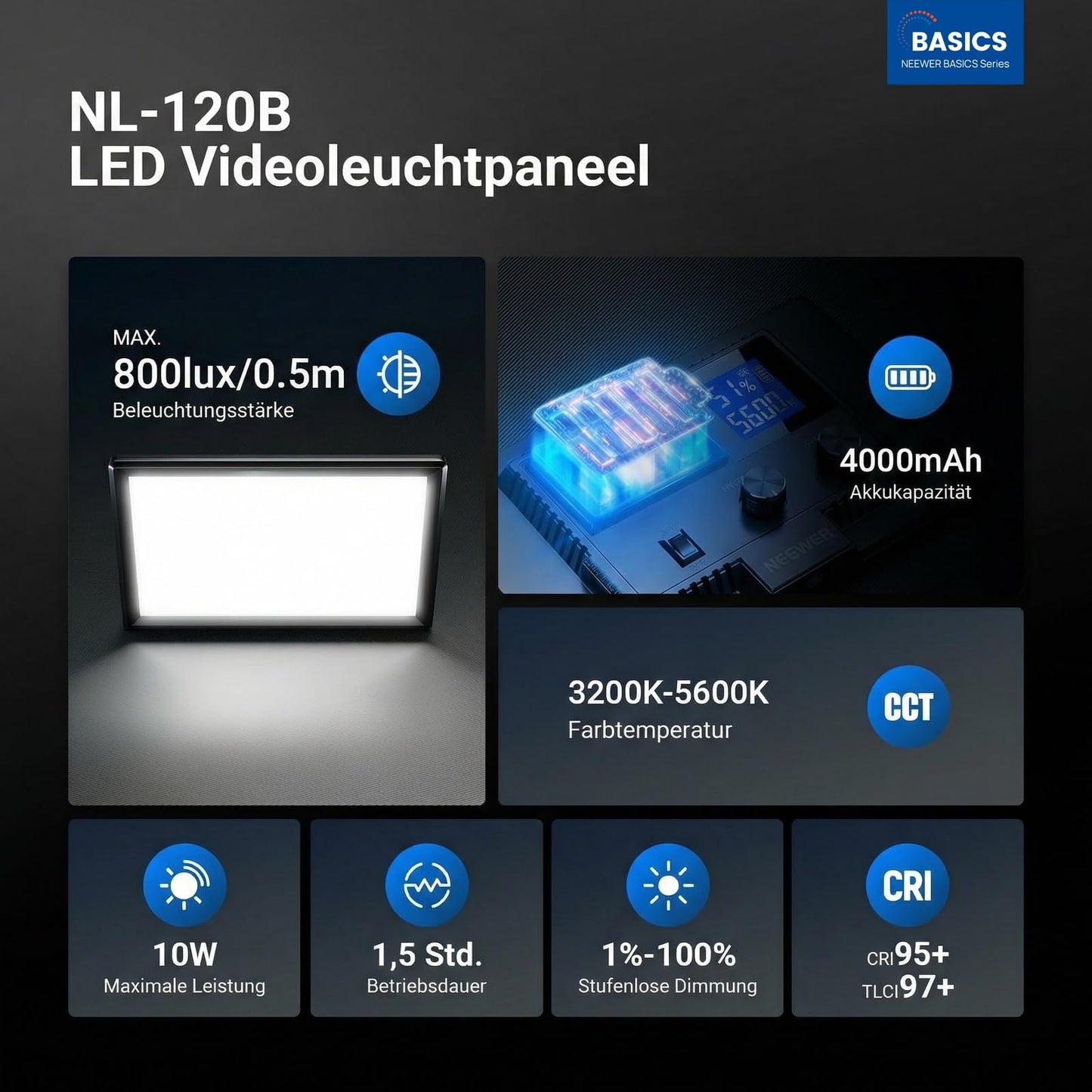 NEEWER Basics 9" LED Panel Light, 3200-5600K Edge Lit Video Light, Dimmable Camera Soft Key Light with Table Tripod, CRI95+ 800Lux, 4000mAh Rechargeable for Photography, Video and Streaming, NL-120B