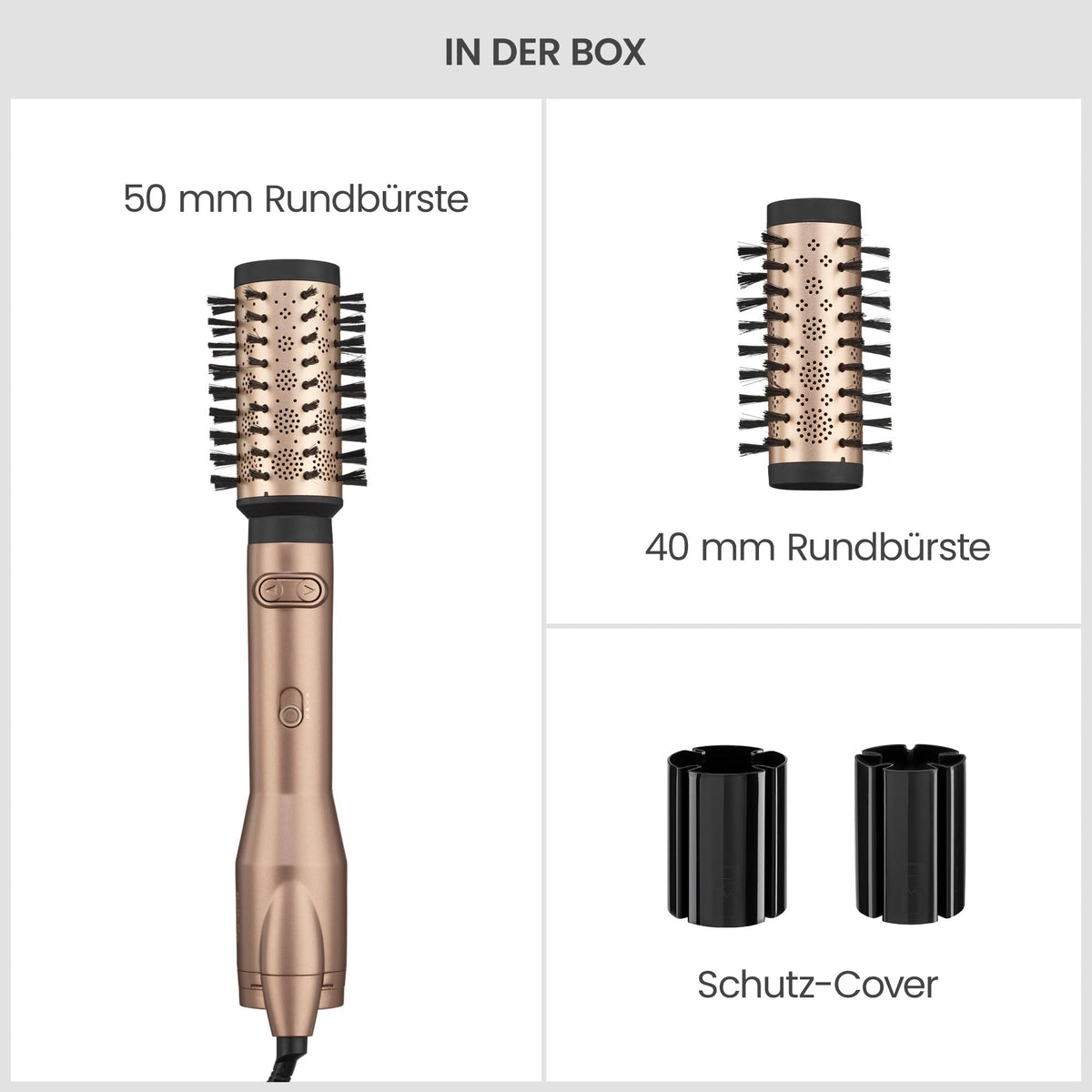 BaByliss Big Hair Dual Perie rotativă cu aer cald – Tehnologie cu ioni pentru anti-frizz, accesorii de 50mm și 40mm, 2 direcții de rotație, 2 setări de temperatură + buton de aer rece, champagne, AS952E