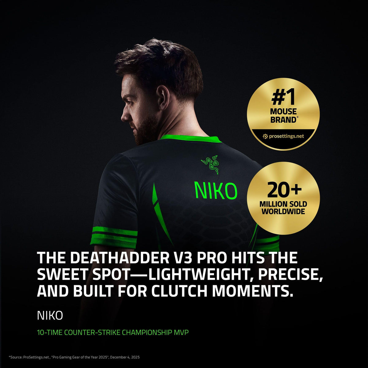 Razer DeathAdder V3 Pro - Wireless ergonomic esports mouse (63g lightweight, ergonomic shape, Focus Pro Optical Sensor 30K DPI, Gen-3 mouse switches, HyperSpeed Wireless) Black - RZ01-04630100-R3G1