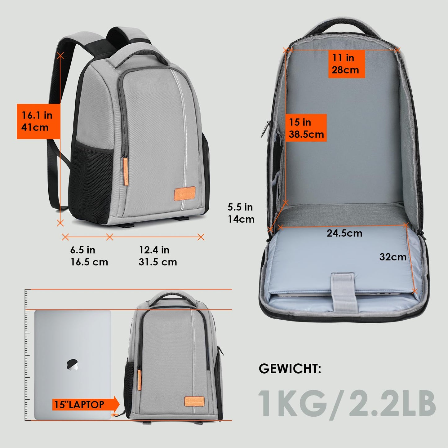 TARION camera backpack lightweight camera backpack with 15 inch laptop compartment gray - TB02-GY-EU