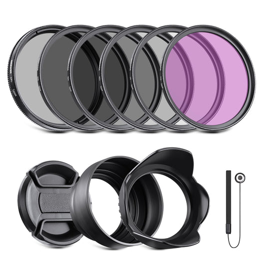 NEEWER 52mm ND Filter Kit and Lens Accessories, ND2 ND4 ND8 UV FLD CPL (Circular Polarizing) Filter Set with Lens Cap/Tulip Lens Hood - 10088178