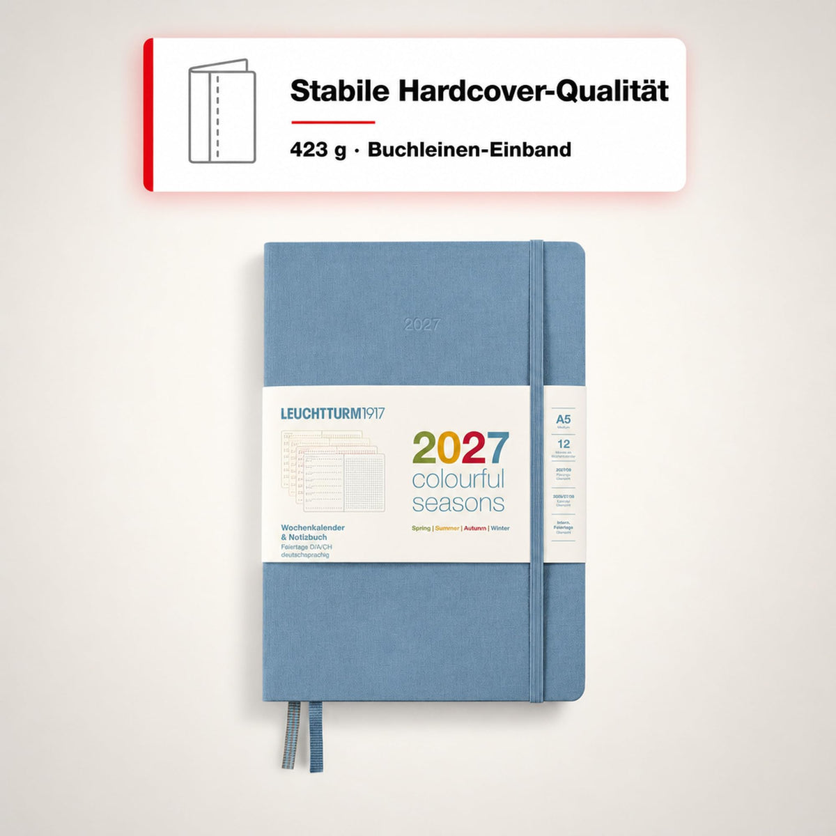 LEUCHTTURM1917 Calendar săptămânal și caiet cu puncte medie (A5) 2027, anotimpuri colorate albastru, engleză, cartonat, prezentare generală calendar 2026/2027/2028, prezentare generală a planificării 01.27-12.28, planificator de proiecte - 400371