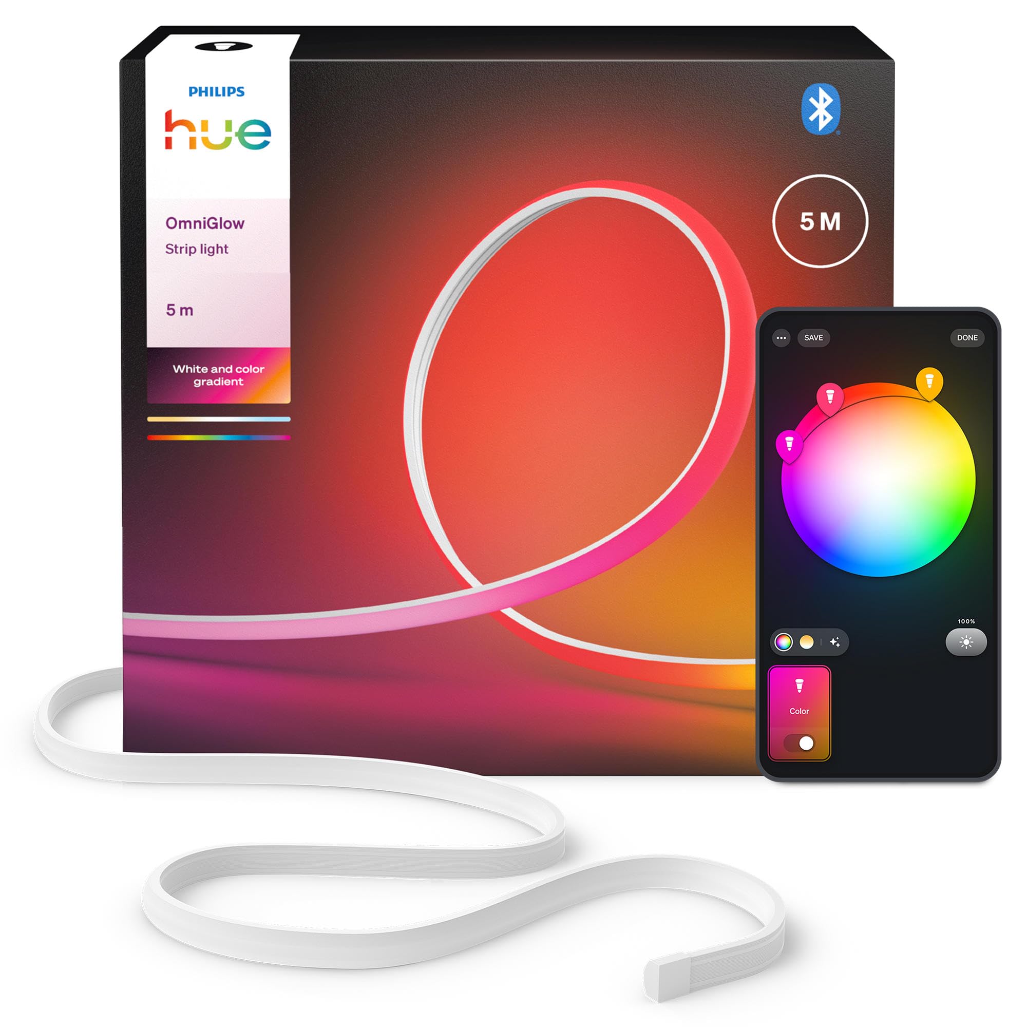 Philips Hue OmniGlow 5m micro LED lightstrip, 4500 lm light strip, colored LED strips for ambience, flexible indirect lighting, uniform light, can be cut to size, app and voice control - 929004608101