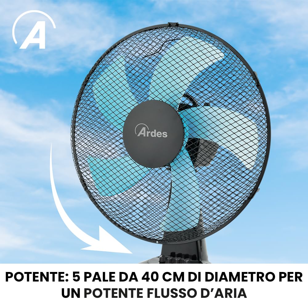 Ardes - AR5ST40N table fan STEELO 40N 5 blades - table fan 40 cm oscillating with adjustable tilt - fan 3 speeds quiet, black