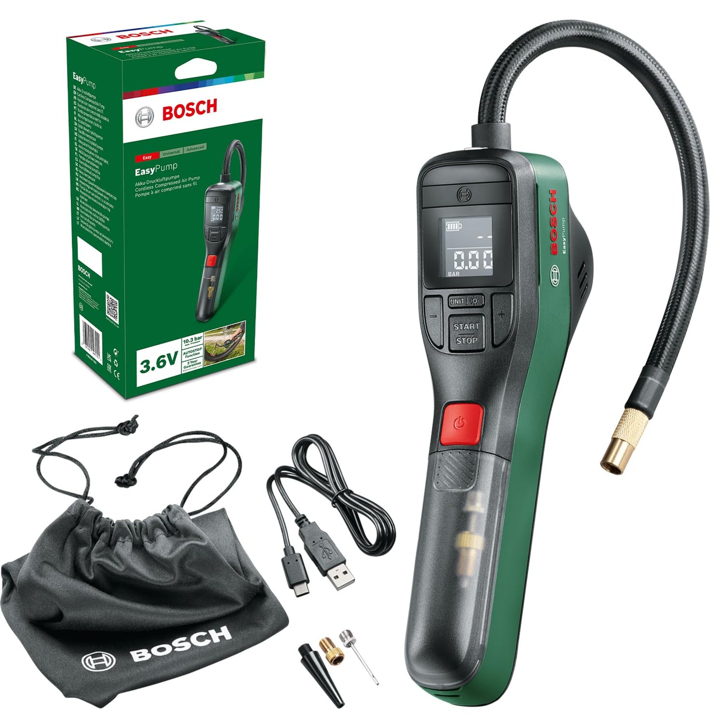 Bosch electric bicycle pump/air pump/mini compressor EasyPump (3.0 Ah battery, 3.6 volts, autostop function, 150 PSI, 10.3 bar, LED, rechargeable via USB-C®, in box) - 0603947000