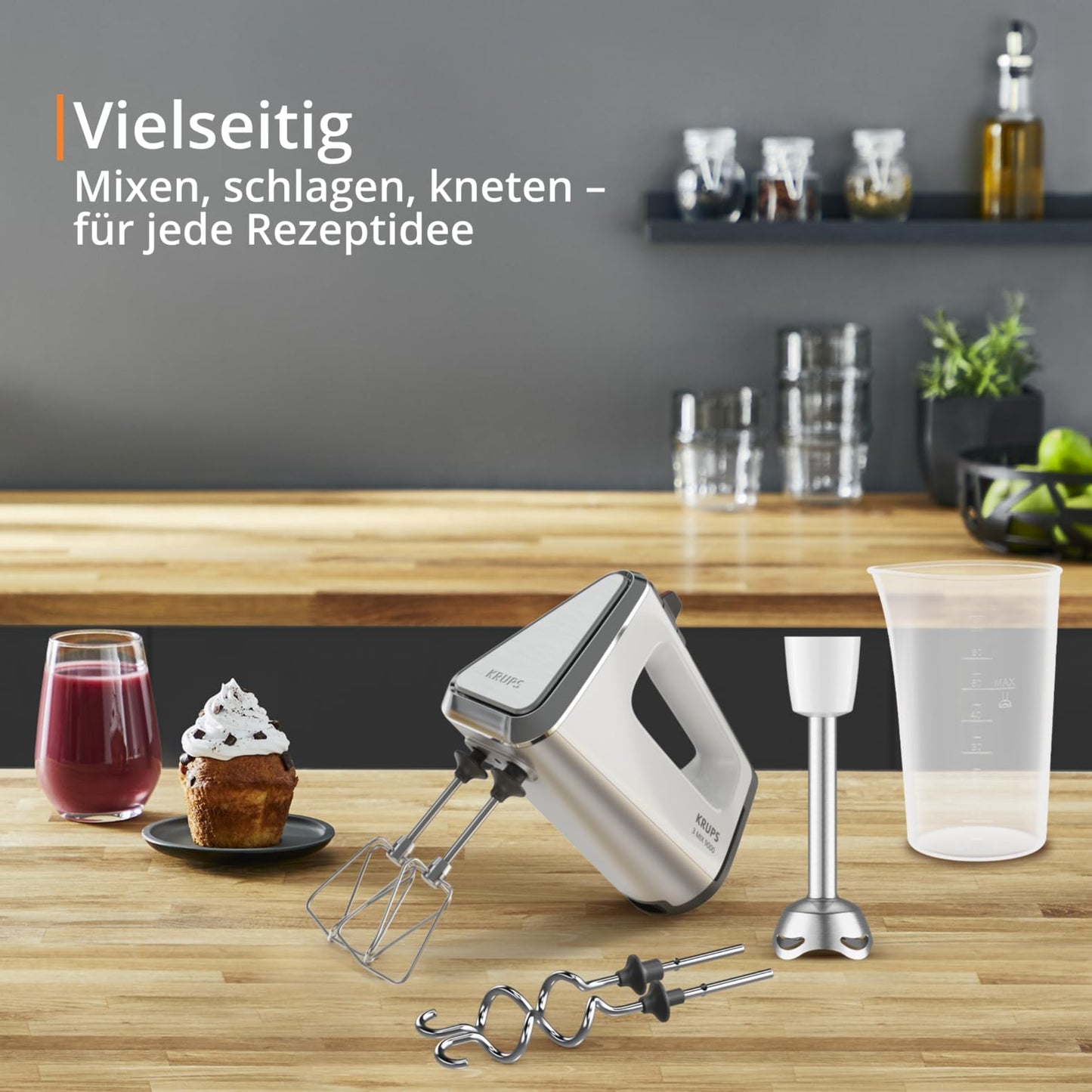 Krups 3 Mix 9000 hand mixer, 750 watts, speed control, turbo mode, ergonomic handle, hand mixer incl. whisk, dough hook, blender attachment, measuring cup, white/silver, GN9121