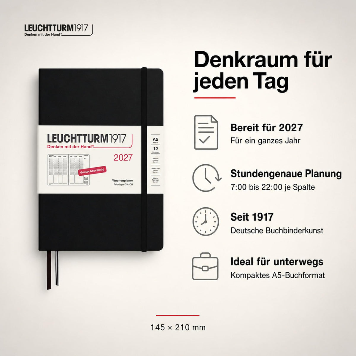 LEUCHTTURM1917 weekly planner 2027 medium (A5) - German, black, 210 x 145 mm, January-December (12 months), weekly overview with hourly grid 7:00-22:00 per column, hardcover, 80 g/m² paper - 400145