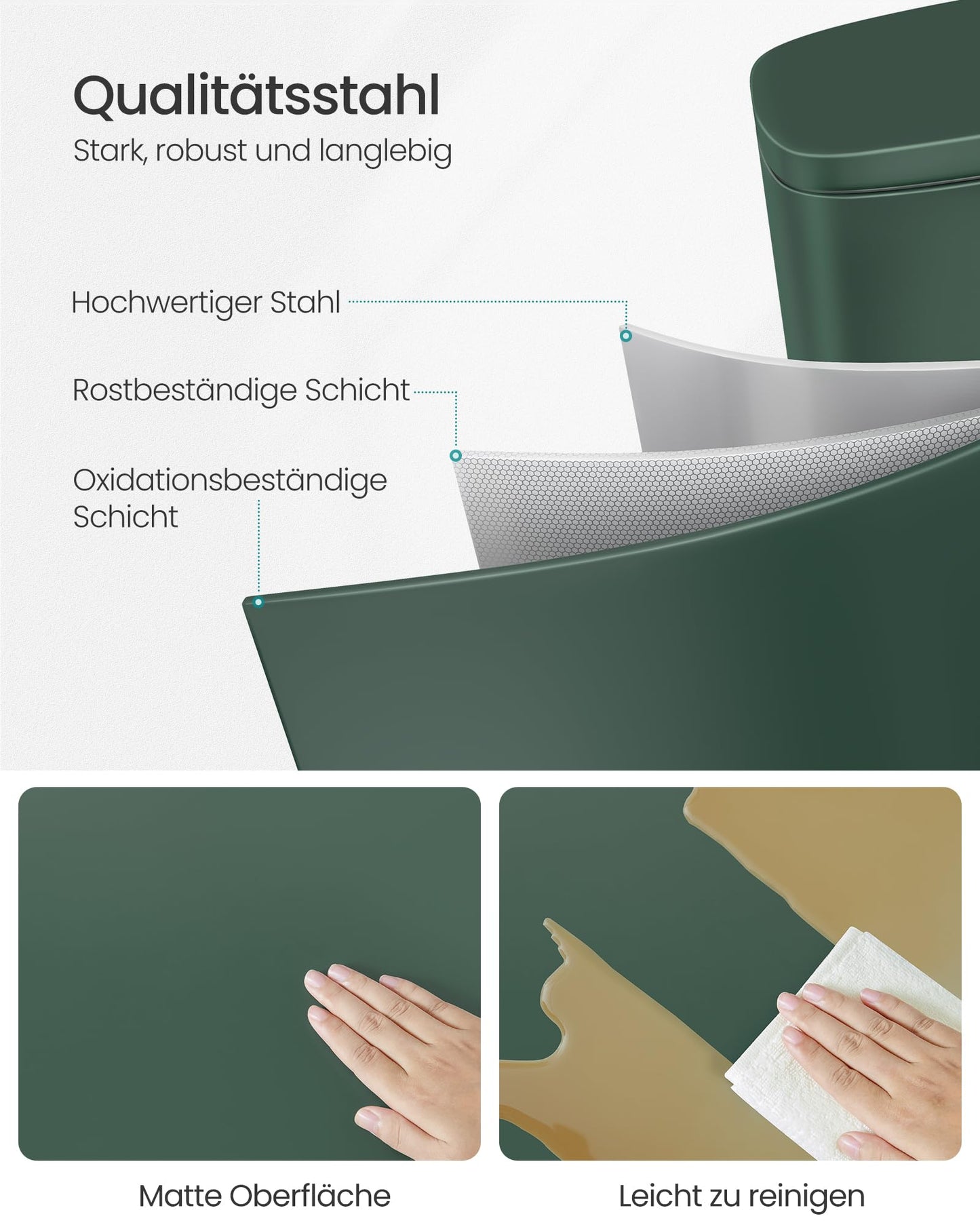 SONGMICS kitchen rubbish bin, 30 liters, waste bin, pedal bin, with lid, soft close, foot pedal, steel, inner bin, vintage green LTB003C02