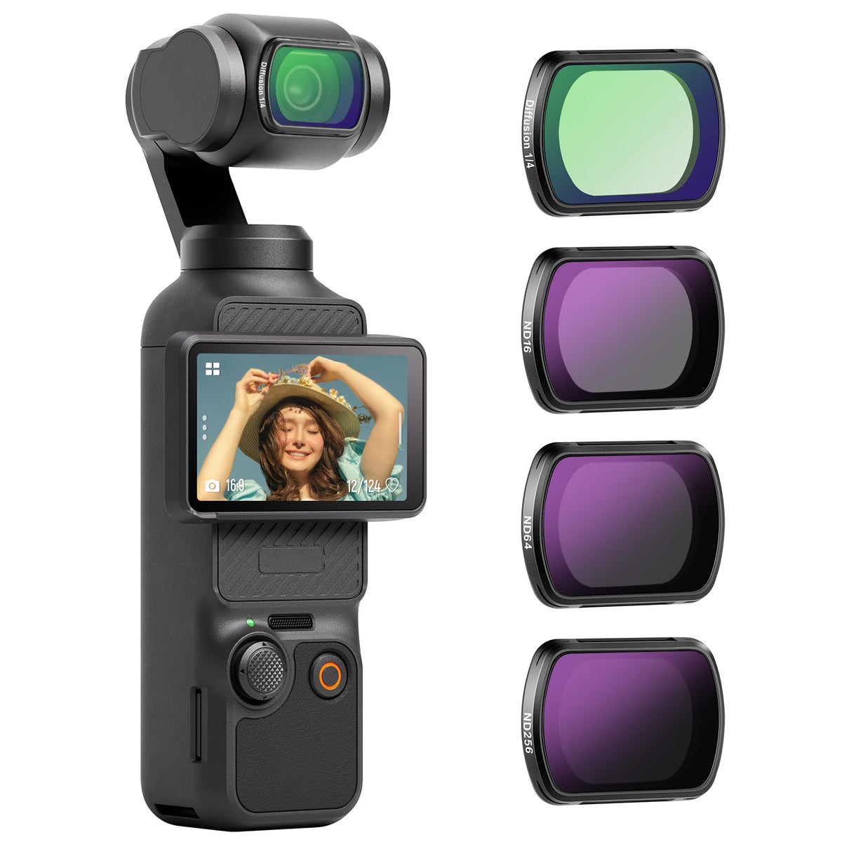 Set de filtre NEEWER, compatibil cu DJI Osmo Pocket 3 / Pocket 4 / Xtra Muse, filtre ND magnetice (ND16 + ND64 + ND256) și filtru de difuzie negru 1/4 pentru un efect de ceață cinematografică - FL-42