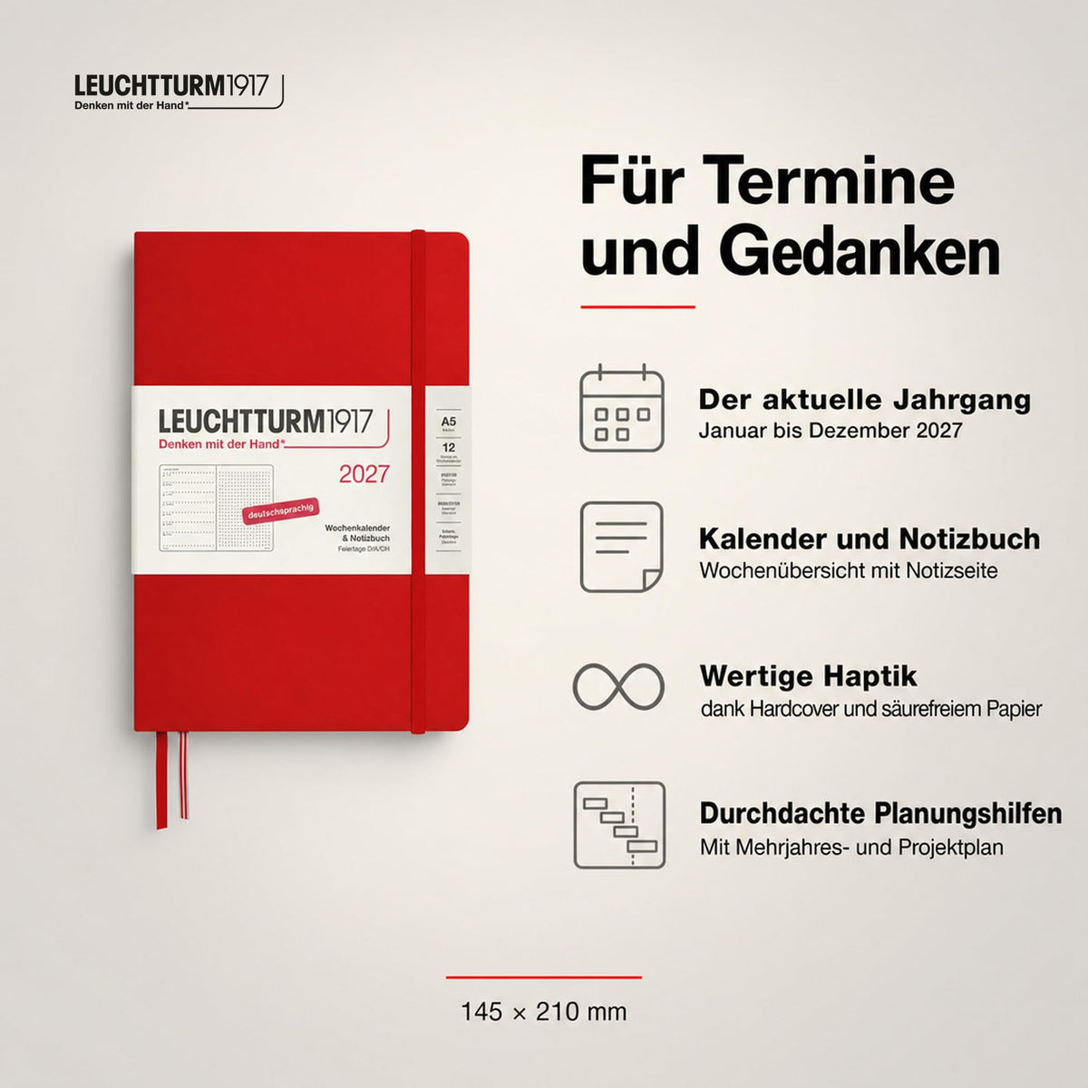 LEUCHTTURM1917 Calendar săptămânal 2027 punctat mediu (A5) cu caiet - Planificator de întâlniri german, cireș, ianuarie-decembrie 2027, prezentare generală săptămânală în stânga + pagină cu note în dreapta - 400092