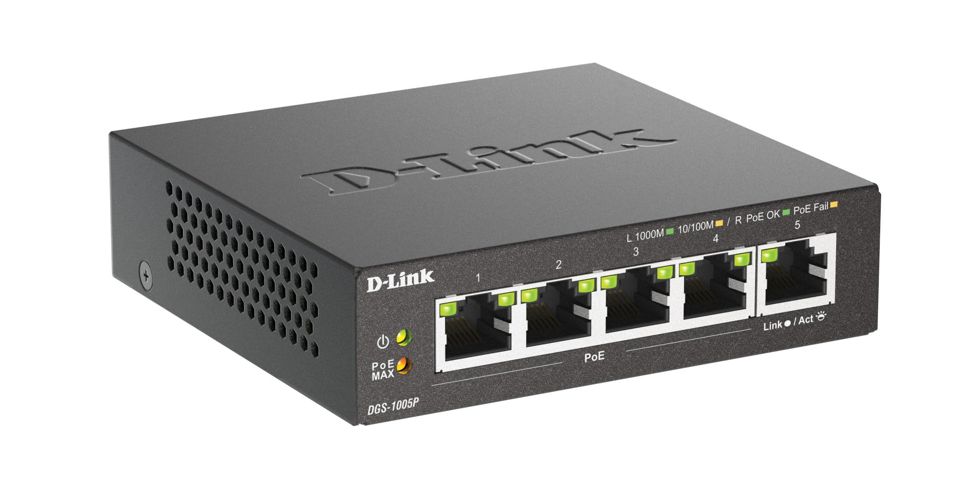 D-Link DGS-1005P, 5-Port Layer 2 Unmanaged PoE Gigabit Switch (4 x 10/100/1000 Mbit/S BaseT PoE port, 1 x 10/100/1000 Mbit/S BaseT port, 60W PoE capacity, plug & play, fanless, metal housing) - DGS-1005P/E