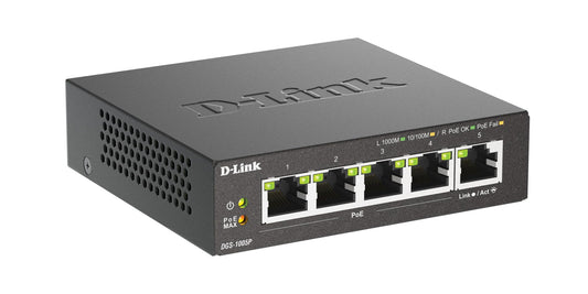 D-Link DGS-1005P, 5-Port Layer 2 Unmanaged PoE Gigabit Switch (4 x 10/100/1000 Mbit/S BaseT PoE port, 1 x 10/100/1000 Mbit/S BaseT port, 60W PoE capacity, plug & play, fanless, metal housing) - DGS-1005P/E