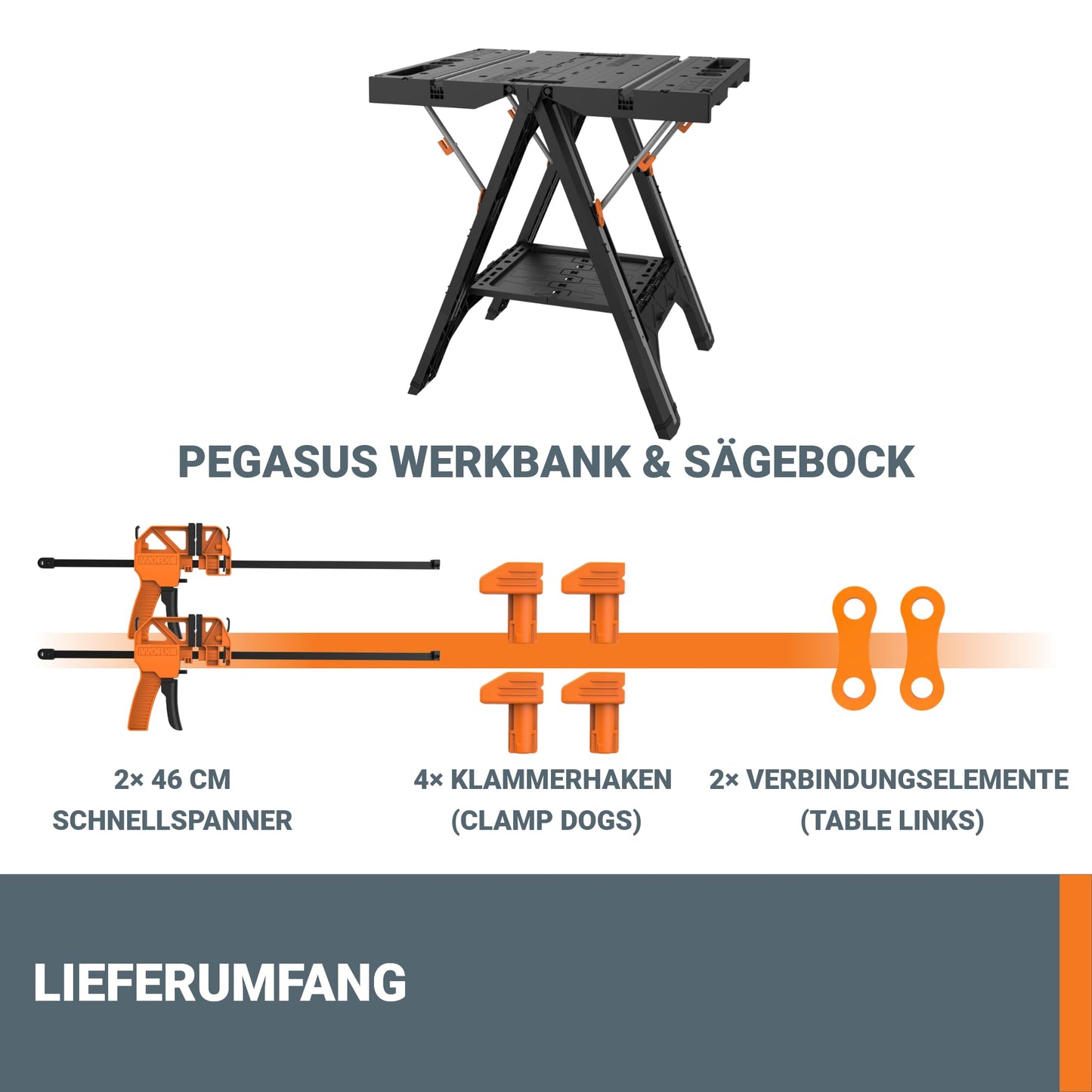 WORX PEGASUS WX051 mobile multifunctional workbench - high-quality foldable work table for the workshop, max. load 450kg - including quick clamping device - high stability & large work surface
