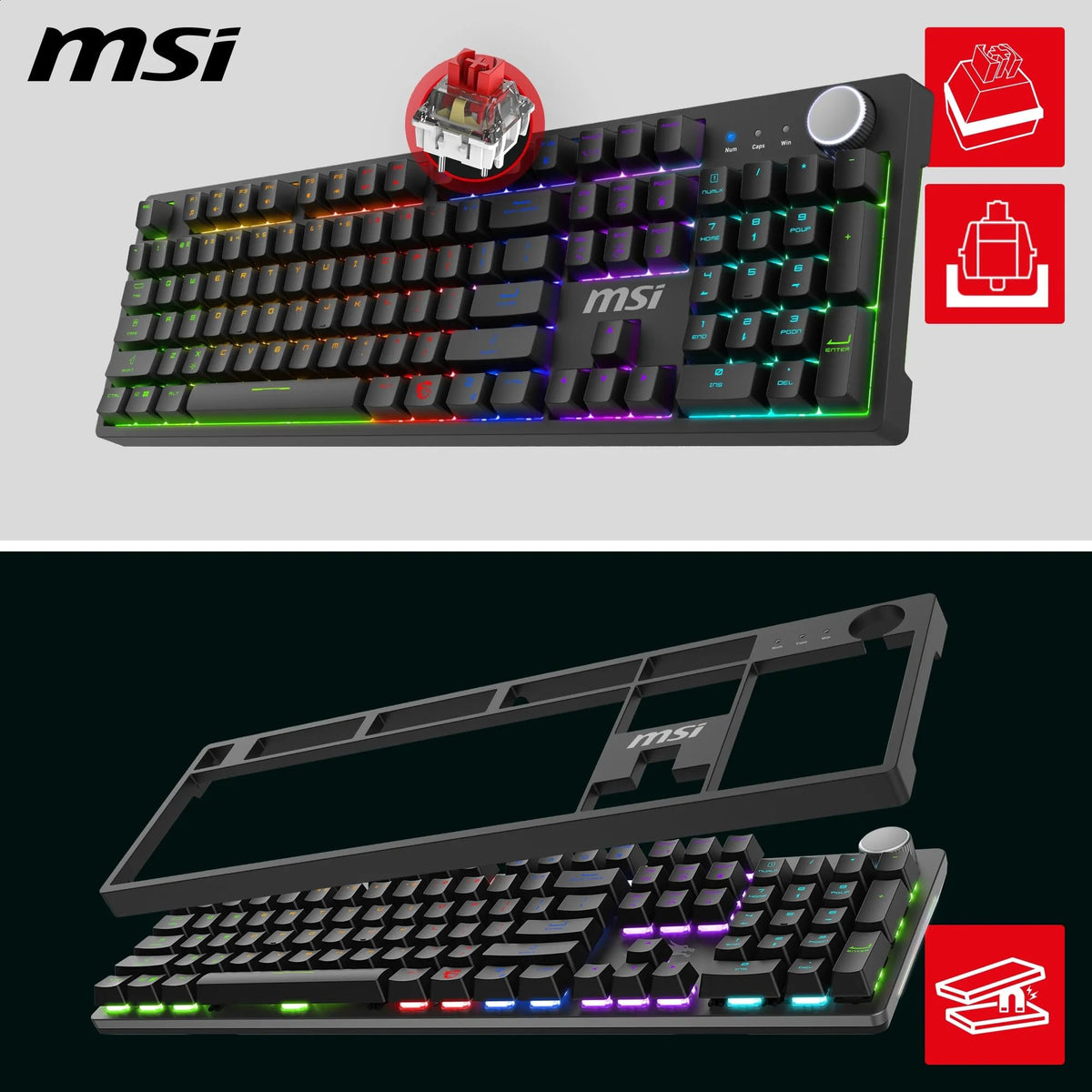 MSI Forge GK320 - RED SWITCHES FR-Layout Mechanical Gaming Keyboard - Mechanical red (linear) switches, hot-swappable, magnetic cover, ergonomic keycaps, non-slip bottom - S11-04FR255-HH9