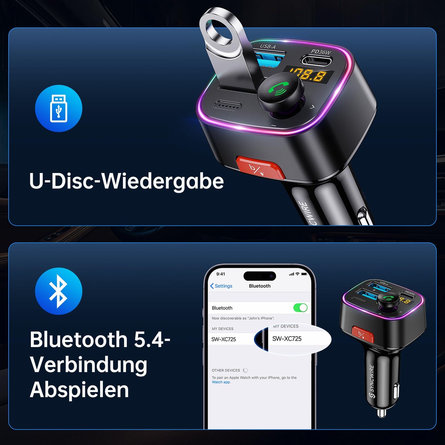 Syncwire FM Transmitter Car Bluetooth 5.4 48W (PD 36W & 12W) Bluetooth Adapter Car with [Light Switch] [HiFi Bass Sound] [Fast Charging] Hands-Free Car Charger Cigarette Lighter - SW-XC725