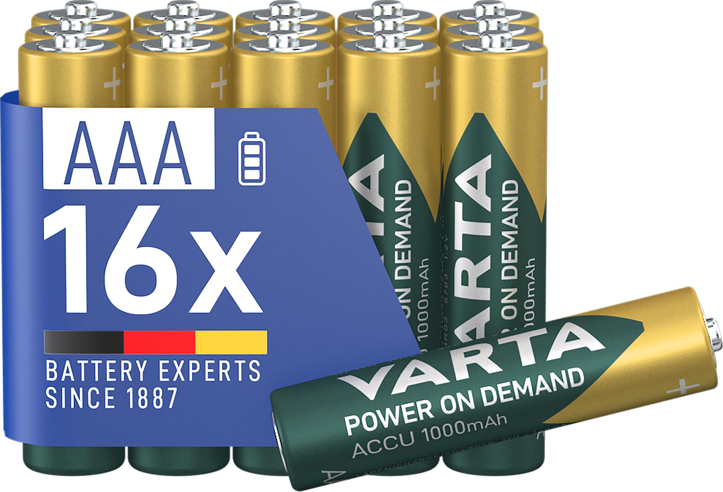 VARTA AAA batteries, rechargeable, 16 pieces, battery, power on demand, 1000 mAh Ni-MH, pre-charged, ready for immediate use [Exclusive to Amazon] - 5703311316