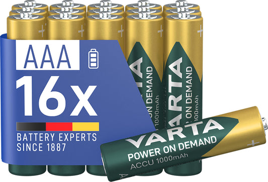 VARTA AAA batteries, rechargeable, 16 pieces, battery, power on demand, 1000 mAh Ni-MH, pre-charged, ready for immediate use [Exclusive to Amazon] - 5703311316
