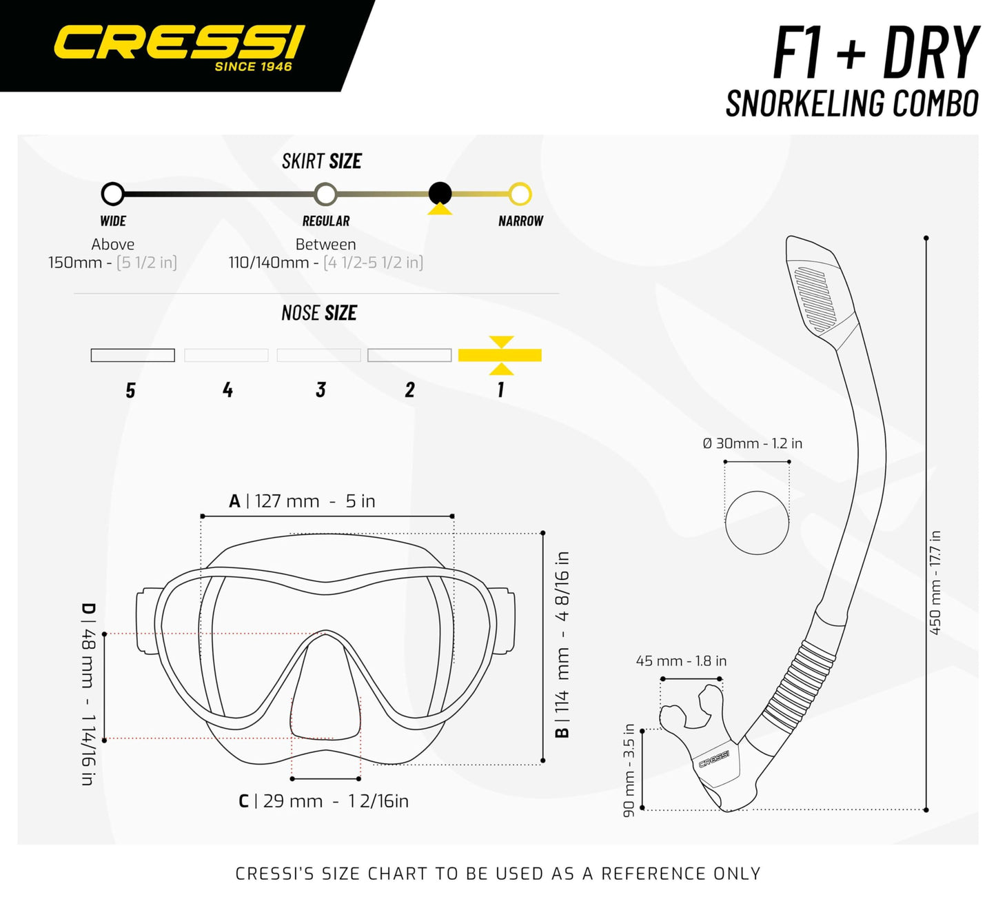 Cressi frameless diving mask F1 - fog-free glass lens, diving goggles - ergonomic silicone edge, snorkel mask - dry snorkel & snorkel set - transparent - combo set - YDS280000