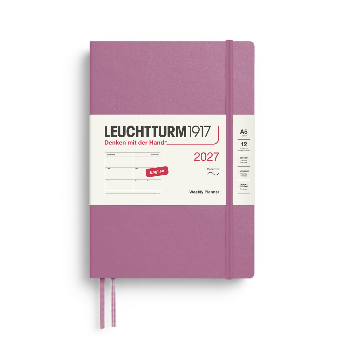 LEUCHTTURM1917 Calendar săptămânal 2027 mediu (A5) - engleză, trandafir praf, copertă moale, 12 luni - ianuarie-decembrie 2027, 1 săptămână pe pagină dublă, hârtie de 80 g/m² cu compatibilitate ridicată cu cerneală - 400294