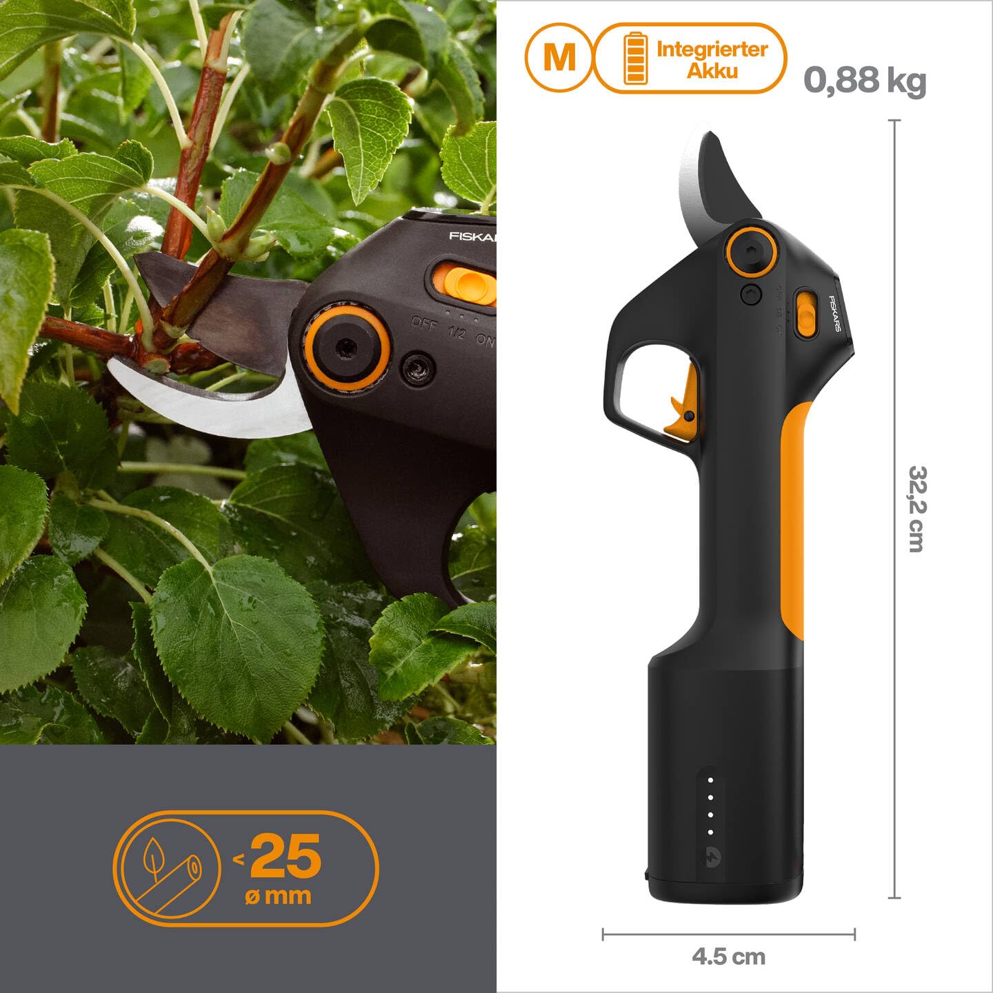 Fiskars cordless secateurs M Bypass, integrated 8V lithium-ion battery, 2 cutting modes, up to 3,500 cuts per charge, for branches up to Ø 25 mm, USB-C charging cable, black/orange, 1082297
